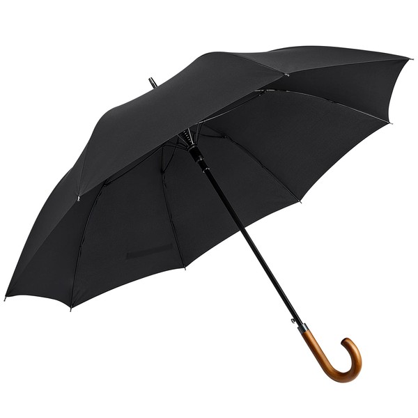 G4Free Wooden J Handle Umbrella 54 Inch Large Auto Open Classic Windproof Rain Stick Umbrellas for Men Women (Black)