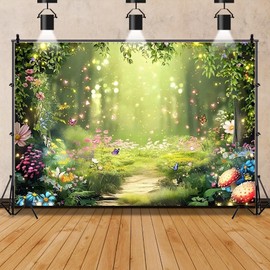 Enchanted Forest Backdrop 9x6ft Fairytale Wonderland Backdrop Mushroom Flower Woodland Fantasy Forest Jungle Photography Backdrop for Princess Baby Shower Birthday Party Banner Decorations