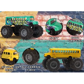 Crelloci School Bus Monster Truck Toy - 2 Pack Set Die Cast Yellow School Bus Toy, Pull Back Car Toys, Big Wheel Monster Truck Play Vehicles Gifts for Toddlers, Kids, Boys