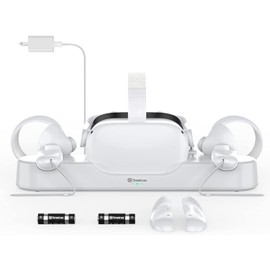 Smatree Charging Dock Compatible for Quest 2, VR Controller and Headset Charge Simultaneously, [Updated Support Elite Strap with Battery] (with 2 Rechargeable Batteries)