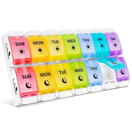 Fullicon Pill Organizer 2 Times a Day Large, Weekly Pill Box Container Cases with Unique Push-Button Pop Open Design - Rainbow & White