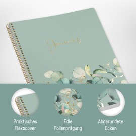 paper&you® Bullet Journal Dotted A5 with Spiral Bound "Minty Leaves" 160 Pages, Notebook Dotted with Spiral, College Pad, Spiral Pad, Notepad - Sustainable and Climate Friendly
