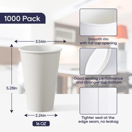 LITOPAK 1000 pack 16 oz Disposable Paper Coffee Cup, Hot Paper Coffee Cups, 16 oz White Paper Cups for Offices, Schools, Shops, Restaurants