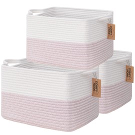 COMFY-HOMI 3PACK Cotton Rope Square baske with Handles for Shelves|Dog Toy baske Bin and Storage|Baby baske for Gift|Shoe baske for Organizing|13.5" x 11" x 9.5" for Living Room（White/Pink）