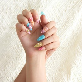 Melines 3D Handmade Press On Nails - Tropical Florals Beach Vibe with Pearl and Shell 10pcs Color Pop Medium Almond Edgy blue and pink Nail Art Set