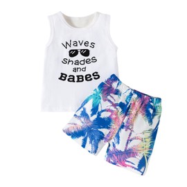 U·nikaka 2Pcs Baby Boys Summer Clothing Sets Cute Letters Print Cotton Sleeveless Tank Tops T-Shirt+Palm Shorts Outfits