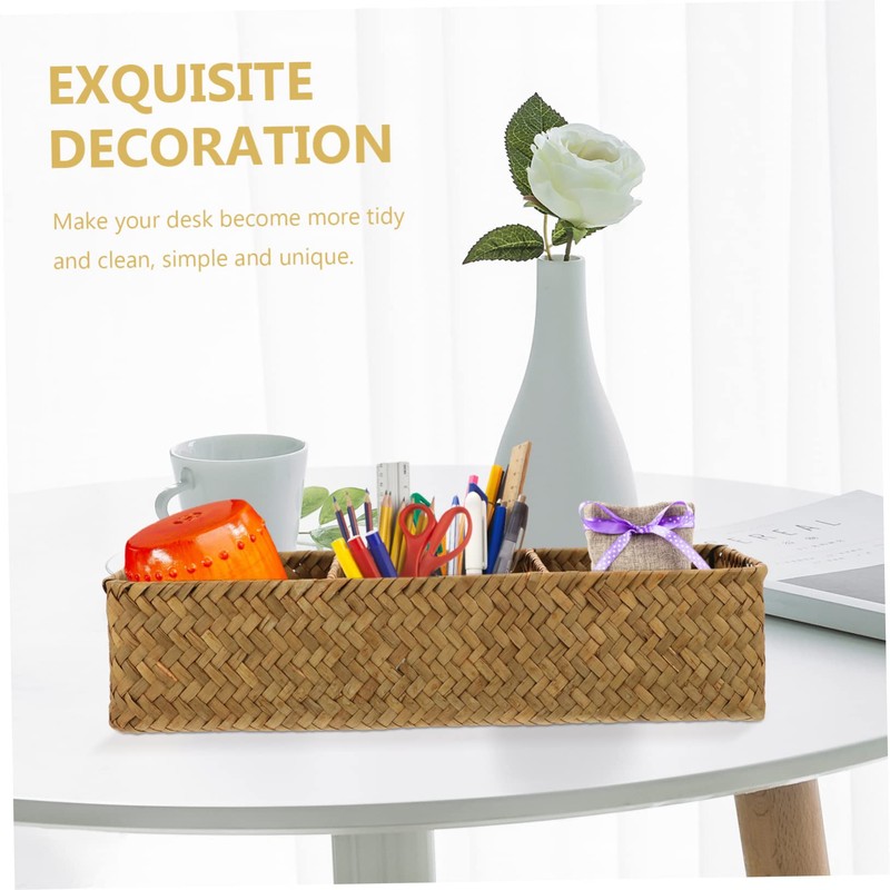 ABOOFAN Natural Seagrass Basket 3 Compartment Storage Box Elegant Desktop