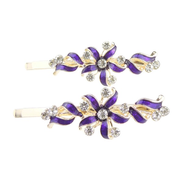 Women's Evening Sparkling Clear Crystal With Enamel Pair of 6 cm Hair Grips Swirly Flower Purple