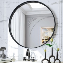 Suidia Wall Mirror, Black Metal Frame Mirror 24 inch, Round Wall Mirror for Bathroom, Vanity, Living Room, Entryway, Circle Bathroom Vanity Mirror