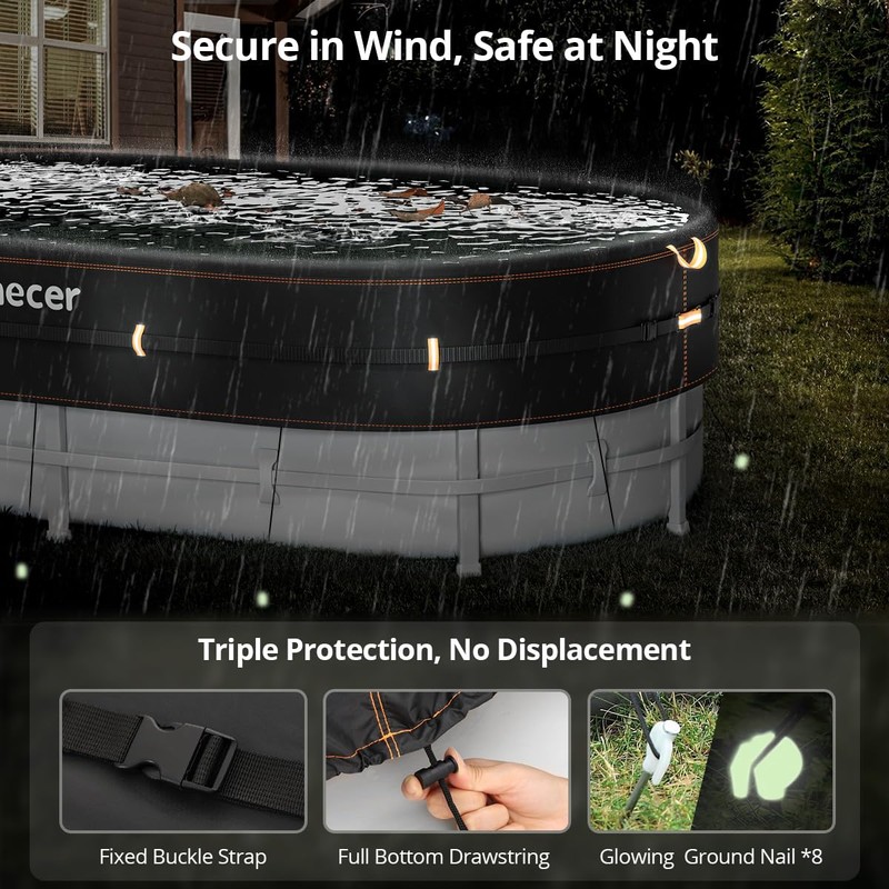 Binecer Rectangular Pool Cover with Reflective Strips, Rectangle Pool Cover