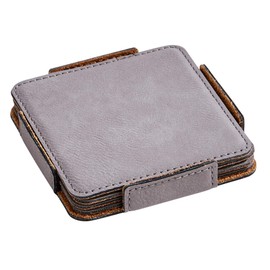 Set of 4 Gray Leatherette Square Coasters, 4"