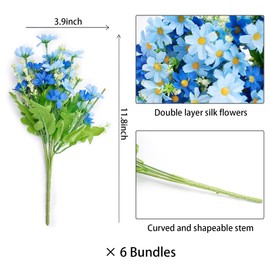 Artificial Flowers for Decoration 6 Bundles Fake Flowers Blue Silk Flowers with Stems Outdoor Artificial Plants & Flowers Faux Flowers Bulk Spring Daisy Farmhouse Fake Plants for Home Decor Indoor