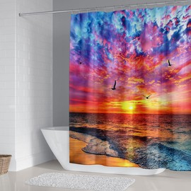 DDS-DUDES Beach Shower Curtain Bathroom Sets with Shower Curtain and Rugs Sunset Seagull Ocean Sunrise Sand Summer Holiday Seashore Waterproof Polyester Decor with Hooks 71x71 inch