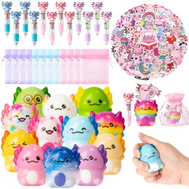 CY2SIDE 12 Pack Axolotl Squeeze Toys Party Favor Gift Set, Included Random Slow Rising Squishy Toys 4-in-1 Ballpoint Pen Cute Stickers and Organza Bag, Axolotl Party Goodie Bag Fillers for Kids Reward