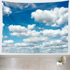 CORFOTO 80x60in Fabric Blue Sky Tapestry White Clouds Wall Picture Tapestry Wall Hanging Blue Sky Wall Tapestry for Bedroom Aesthetic Living Room College Dorm Decor Study Room Window Decor Wallpaper