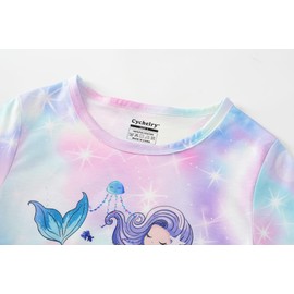 CYCHELRY Tie Dye Mermaid Pajamas for Tween Girls Short Sleeve Big Kids Sleepover PJS Sets Matching Clothes Size 14