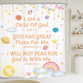 Glawry Kids Christian Shower Curtain Cartoon Planet Inspirational Quotes Bathroom Sun Moon Rainbow Motivational Scriptures 60Wx72L Inches Bath Accessories Art Home Decor Fabric 12 Pack Hooks