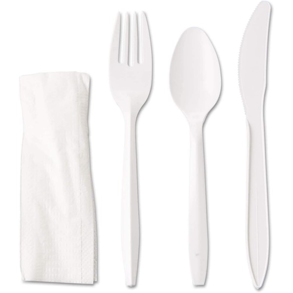 Pantryware Essentials Medium Weight White Plastic Cutlery Set with Napkin Individually Wrapped - 50CT