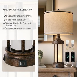 25'' Table Lamps Set of 2 for Living Room Bedroom Farmhouse Metal Lamps with 2 USB Ports, Built-In Frosted Glass Night Light Vintage Industrial Nightstand Bedside Lamp, 4 Bulbs Included, Bronze