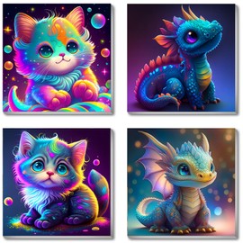 Arpilul 4 Pack Cat & Dragon Paint by Numbers Kit for Adults Framed-Small Easy Adult Paint by Numbers Kits on Canvas 8X8 Inch, Acrylic Oil Painting Perfect for Home Wall Art Decor Holiday Gifts(Z-YH37)