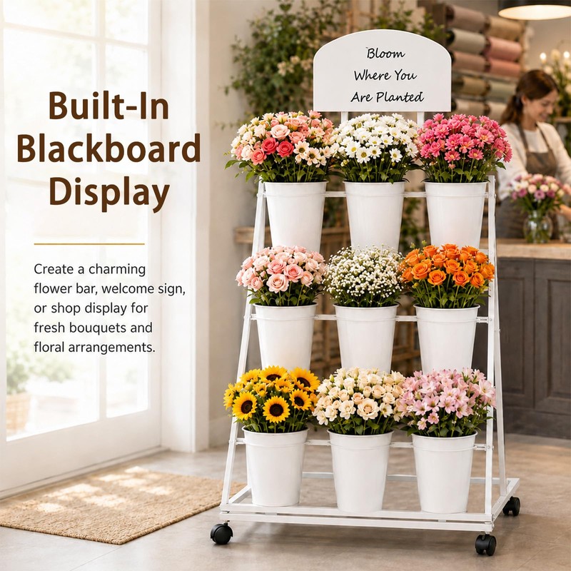 3-Tier Metal Flower Cart Display Stand with 9 Buckets, Flower