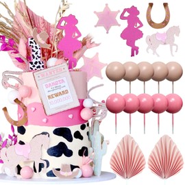 JeVenis - Decoración para tarta de discoteca con purpurina, diseño de vaquera, decoración para tarta de cumpleaños, hojas de palma, color rosa, sombrero de vaquero
