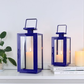 DECORKEY Christmas Lanterns Decorative Outdoor&Indoor, 17''&13'' Set of 2 Xmas Blue Lanterns Decorations for Home, Modern Hanging/Tabletop Candle Holders for Christmas Front Door Porch Patio Decor