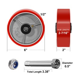 NINOSO 6" x 2" Heavy Duty Caster Wheels, 1/2" Bore Axle Polyurethane on Cast Iron Wheel, Set of 2 Replacement Industrial Caster Wheels for Cart Toolbox (2 Wheel)