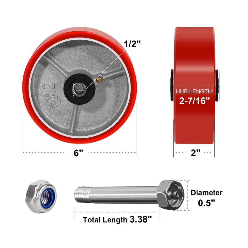 NINOSO 6" x 2" Heavy Duty Caster Wheels, 1/2" Bore