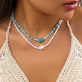 Seashell Puka Summer Choker Necklace Boho Charm Layered Shell Turtle Starfish Conch Ocean Animal Beaded Necklace for Women Bohemian Surfer Hawaiian Beach Holiday Fashion Jewelry Gifts (Starfish necklace)