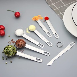 YFWOOD Measuring Spoons Set of 7, Stainless Steel, 0.5 fl oz (15 ml), Thin Spatula Included, Tbsp Teaspoon Flour, Measuring Scales, Dishwasher Safe, Baking, Cookware, Kitchen Tools