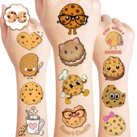 100PCS Cute Cookie Temporary Tattoos Stickers Food Birthday Party Decorations Décor Favors Supplies Milk and Cookies Chocolate Chip Buscuits Tattoo Sticker Gifts For Boys Girls School Prizes Carnival