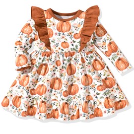 18-24 Months Baby Girl Long Sleeve Fall Autumn Floral Wildflower Pumpkin Thanksgiving Dress