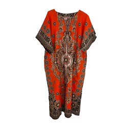 New Womens 100% Cotton Long Kaftan Dress Summer Dashiki African Print One Size Loose Baggy Style Beach Cover (Orange)