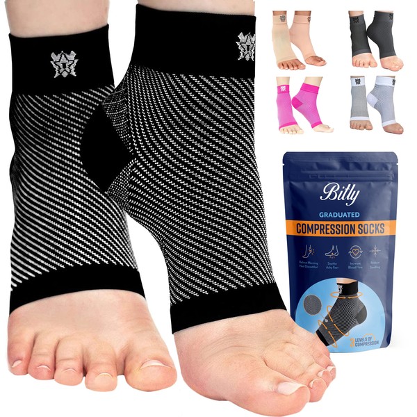 Bitly Plantar Fasciitis Compression Socks for Women & Men - Best Ankle Compression Sleeve, Nano Brace for Everyday Use - Provides Arch Support & Heel Pain Relief (Black, Small)