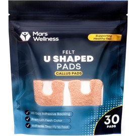 Mars Wellness U-Shaped Callus Pads for Feet, 1/4" Thick, Flesh Colored, Pack of 30 with Adhesive Backing - Callus Remover for Feet, Callus Cushions