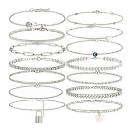 TOEECY 14 Pcs Anklets for Women Gold Plated Adjustable Anklet with Crystal Cubic Zirconia Chain Summer Silver Ankle Bracelets Anklets Set Beach Boho Foot Jewelry Silver