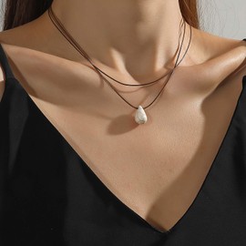 Inilbran Boho Leather Choker Necklace White Turquoise Beads Necklace Black Leather Cord Choker Necklace Teardrop Turquoise Necklace Layered Leather Suede Necklace Jewellery for Women, Zinc, No