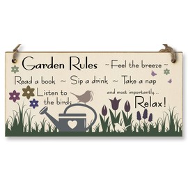 Handmade Wooden Hanging Wall Plaque Garden Rules Relax Feel the Breeze Take a Nap Pretty Sign for Gardeners