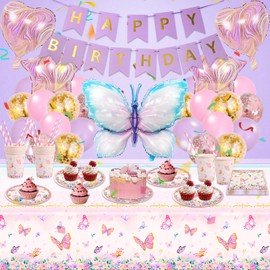 115PCS Butterfly Birthday Party Decorations, Party Supplies Include Party Plates, Cups and Napkins, Happy Birthday Banners,Straws,Tablecloth,Foil Balloons,Latex Balloons for Kids Girls