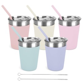 Luismia 5 Pack 12 Oz Kids Cups with Straws Lids Spill Proof Toddlers Tumbler with Colorful Silicone Sleeves Reusable Kids Stainless Steel Smoothie Cups with Lids for Cold & Hot Drinks -12oz