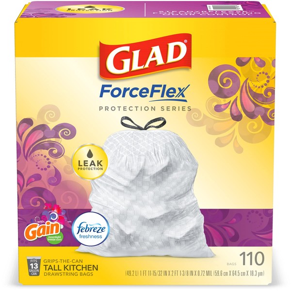 GLAD ForceFlex Tall Kitchen Drawstring Trash Bags, 13 Gallon White