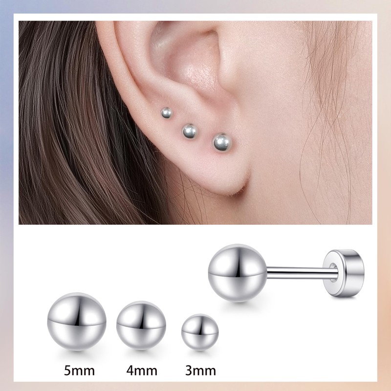 TitanHeart Hypoallergenic Titanium Screw Back Flat Back Ball Stud Earrings
