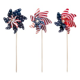 Glitzhome 3-Pack Patriotic Wind Spinners 32" Reflective American Flag Decor for 4th of July Yard & Garden Bird Deterrent Pinwheels
