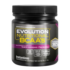 EVOLUTION, Aminocidos BCAA, Suplemento Alimenticio, Leucina, Sin Gluten, Pre Workout, Post Workout, Sabor Arndano - Frambuesa, 25 Porciones, 500g     