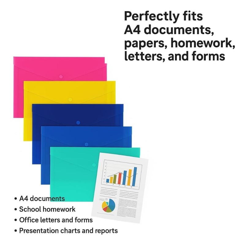 A4 Popper Wallets – 5 Assorted Colours Plastic Document Folders