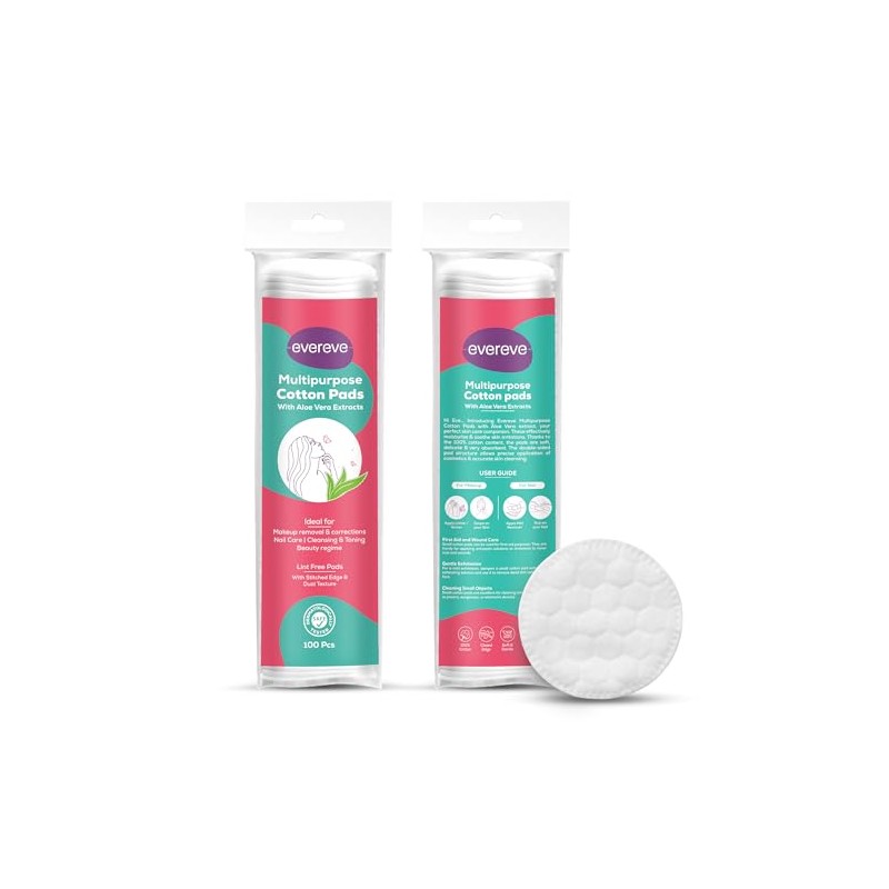 Evereve Multipurpose Cotton Pads, 200 Pcs, 100% Cotton, With Aloe