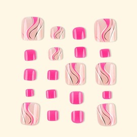 Hot Pink Press on Toenails Short Square Fake Toe Nails Cute Swirls False Toenails Glossy Full Cover Acrylic Glue on Toenails Summer Artificial Stick on Toenails for Women Manicure 24 Pcs