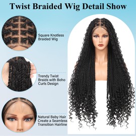 Olymei 360° HD Full Lace Boho Twist Braided Wigs Bohemian Knotless Braids Wig with Curly Ends Twist Braided Lace Wig with Baby Hair Human Hair Blended Braided Lace Front Wigs for Women 36" Black