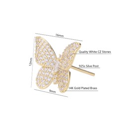 ANNBABIC White CZ Butterfly Stud Earrings for Women - Cubic Zirconia Paved Butterfly Earrings - Butterfly Earrings Plated in Gold